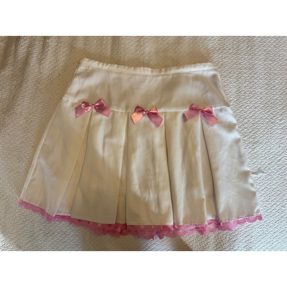 Sweet Society White Pleated Mini Skirt Pink Bows Lace Trim Coquette Medium
